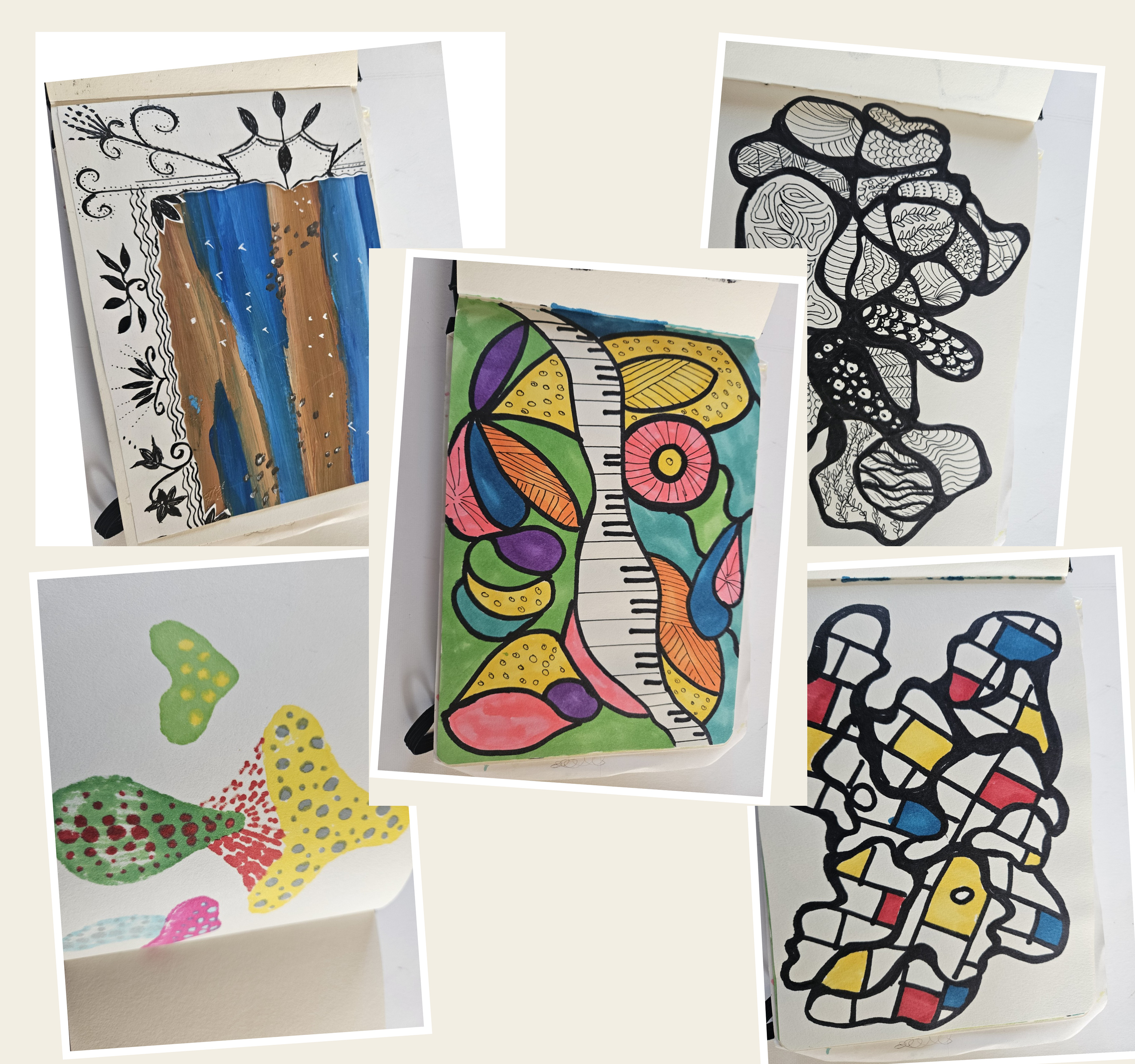 Dessins et collages réalisés lors des ateliers de médiation thérapeutique