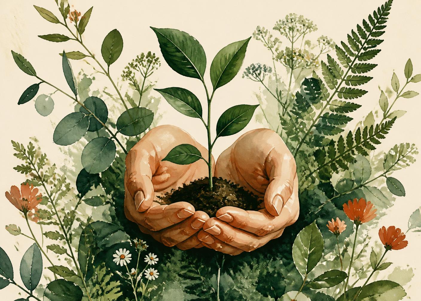 Aquarelle — mains cultivant une jeune pousse entourée de plantes
