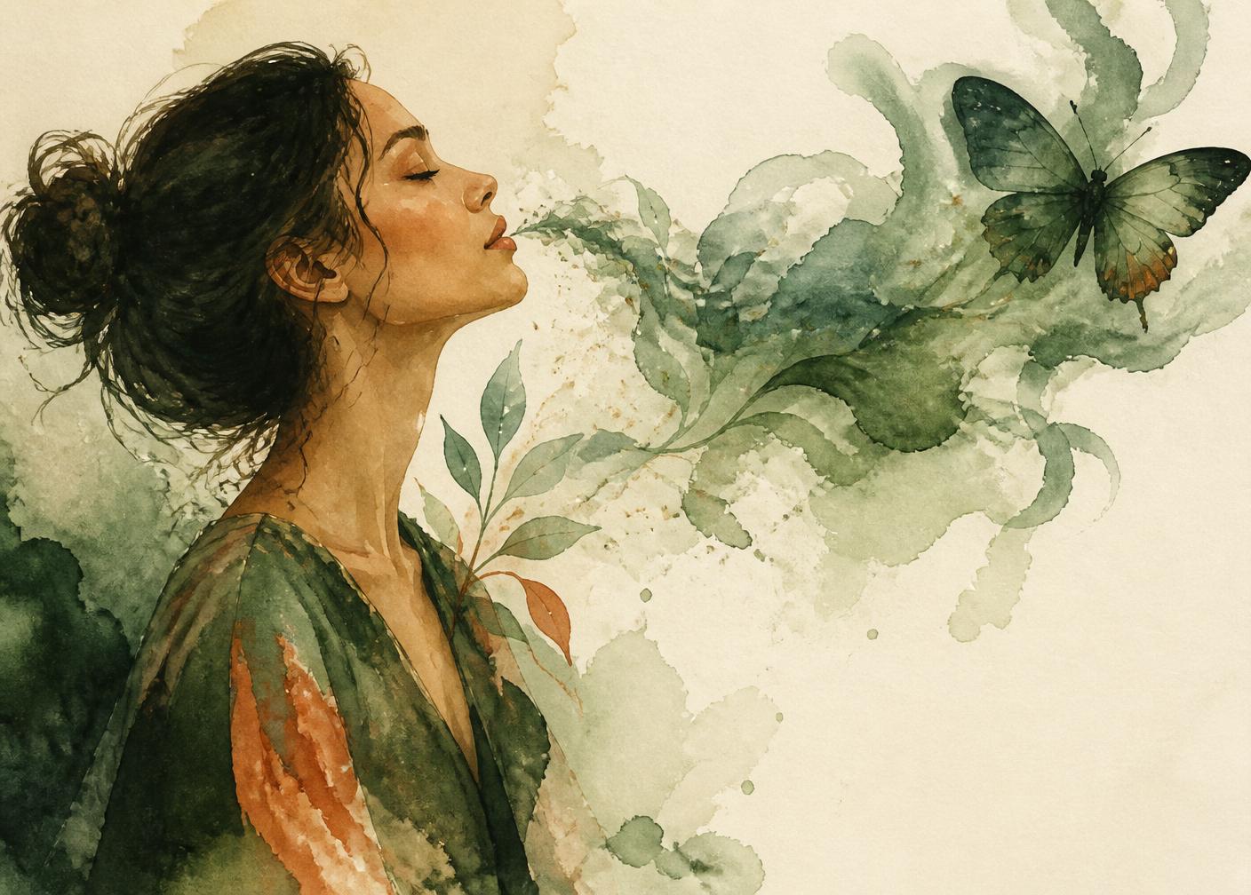 Aquarelle — femme en respiration, papillon vert émergeant