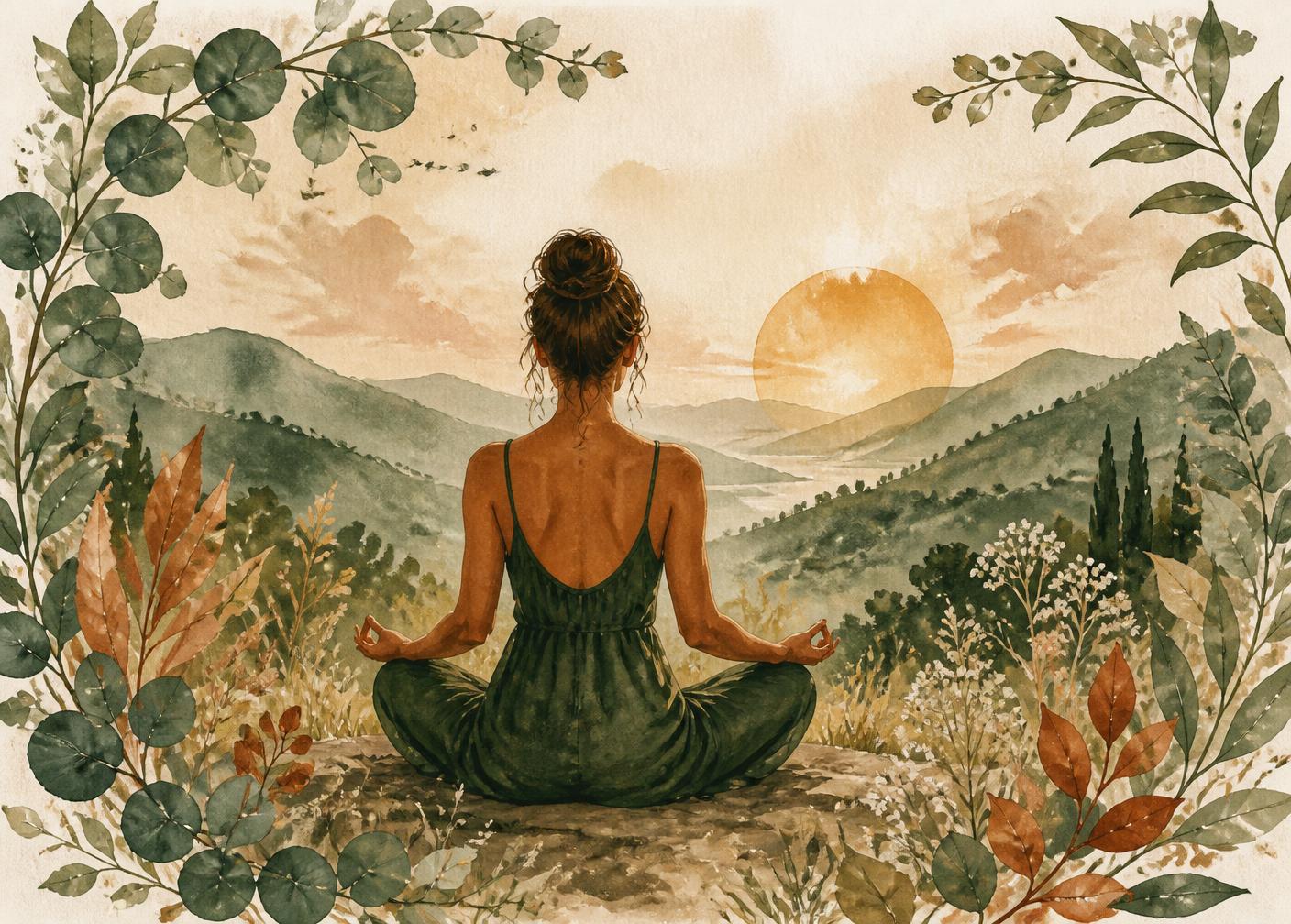 Aquarelle — femme méditant face à un soleil levant sur les collines